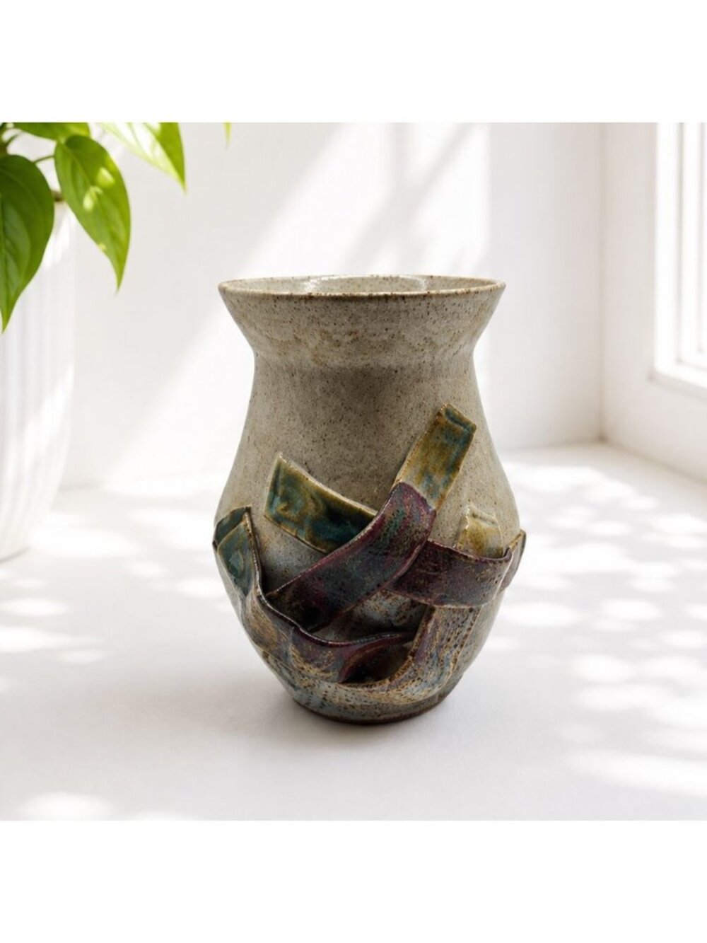 Handcrafted Ceramic Vase With Textured Multicolor Ribbon Design - 7" Tall Unique